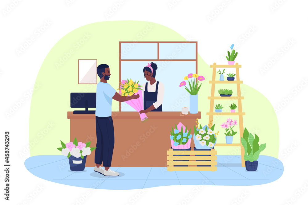 Customer at flower kiosk 2D vector isolated illustration Customer at flower kiosk 2D vector isolated illustration