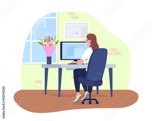 Office employee with gifted bouquet 2D vector isolated illustration