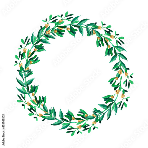 Christmas watercolor wreath. Mistletoe and leaves with yellow little berries in a decorative round frame  isolated on white background.