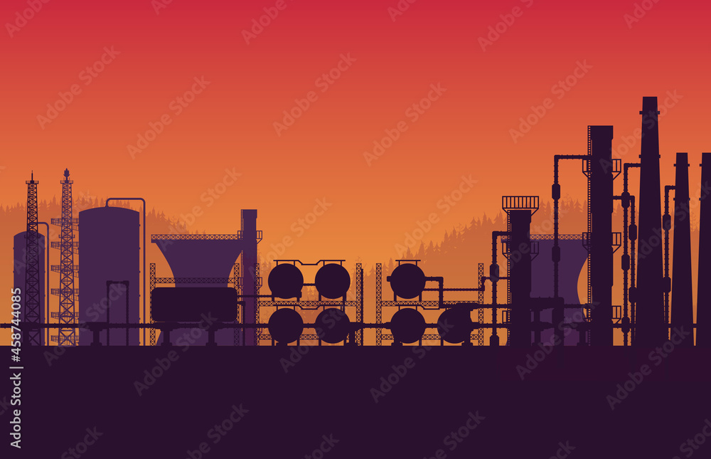 silhouette natural gas pipeline Industrial zone on orange gradient background