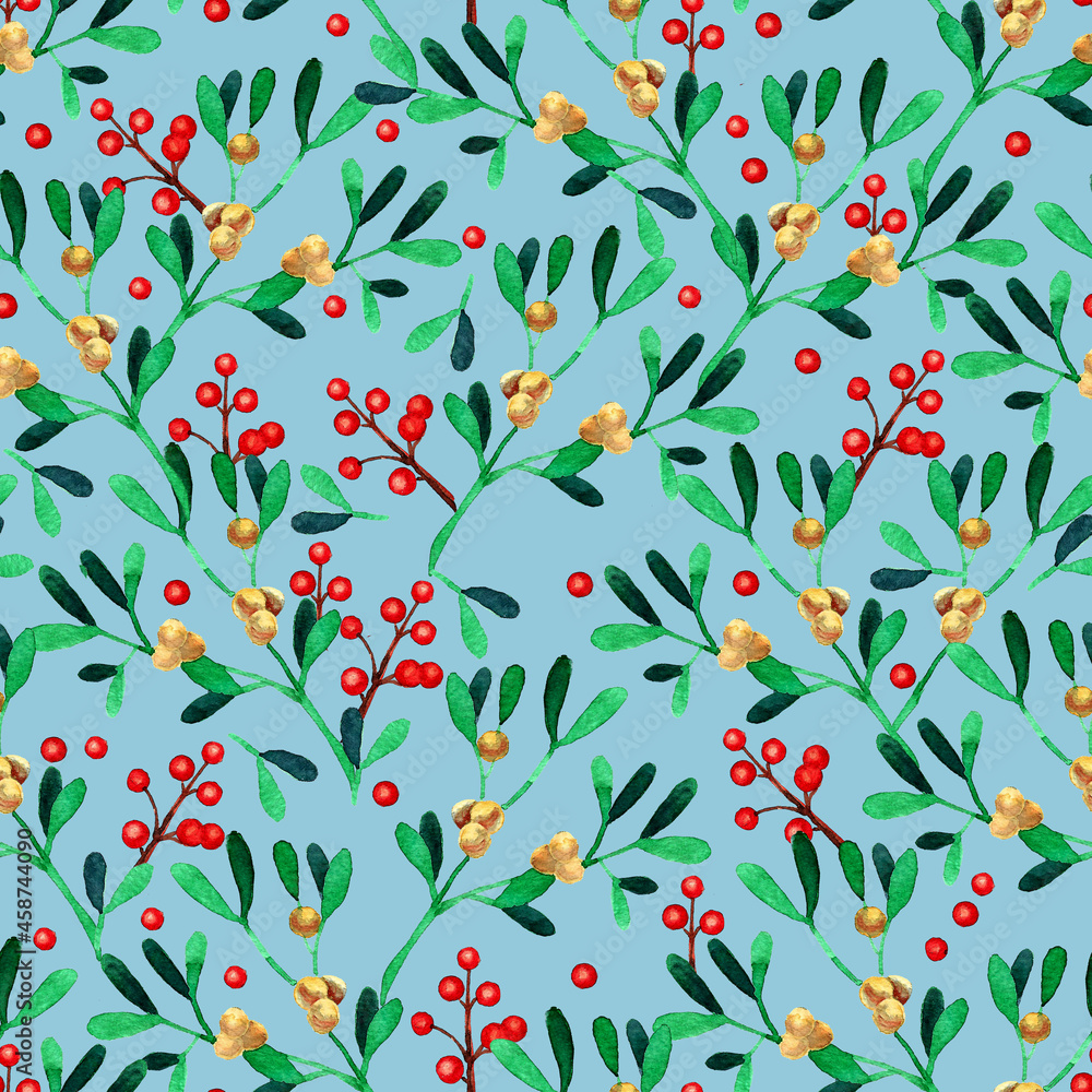 Seamless pattern with watercolor christmas elements. Mistletoe branches, yellow and red berries. On bright blue background. Seamless pattern with watercolor christmas elements. Mistletoe branches, yellow and red berries. On bright blue background.