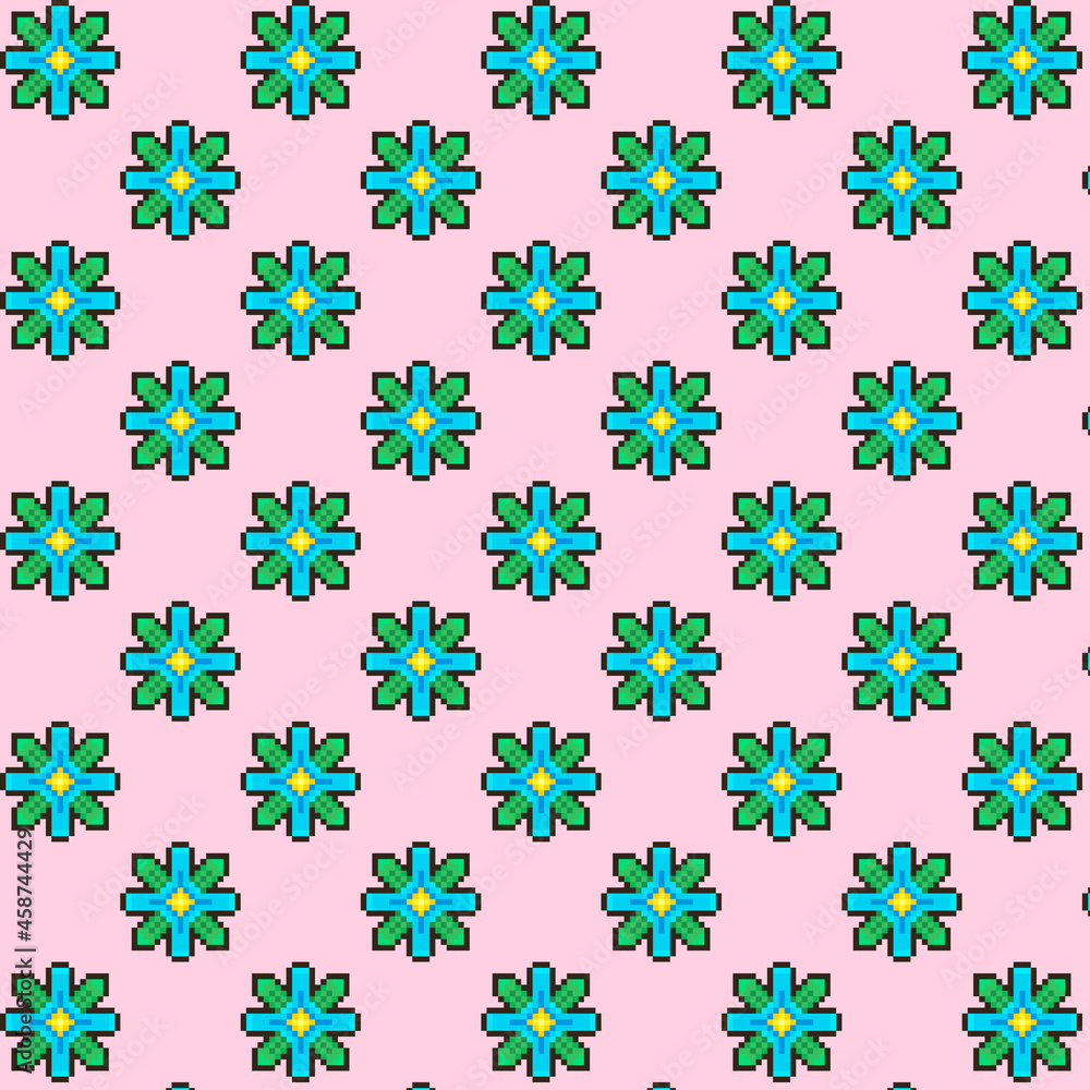 simple vector pixel art multicolor endless pattern of fantasy four-petalled blue flowers. seamless fantasy floral pattern 