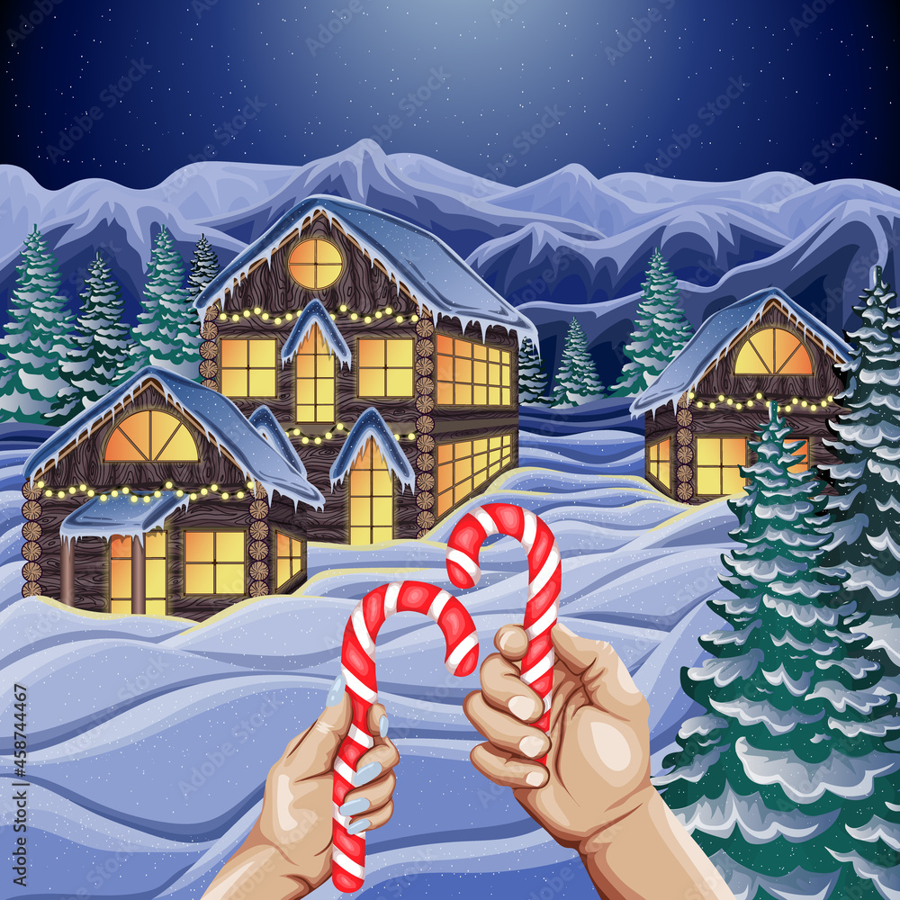 Vector winter card illustration. Landscape with a snowy village with wooden houses in a coniferous forest in the mountains. Two hands with Christmas candies
