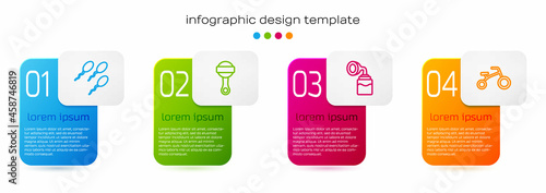 Set line Sperm, Rattle baby toy, Breast pump and Bicycle for kids. Business infographic template. Vector
