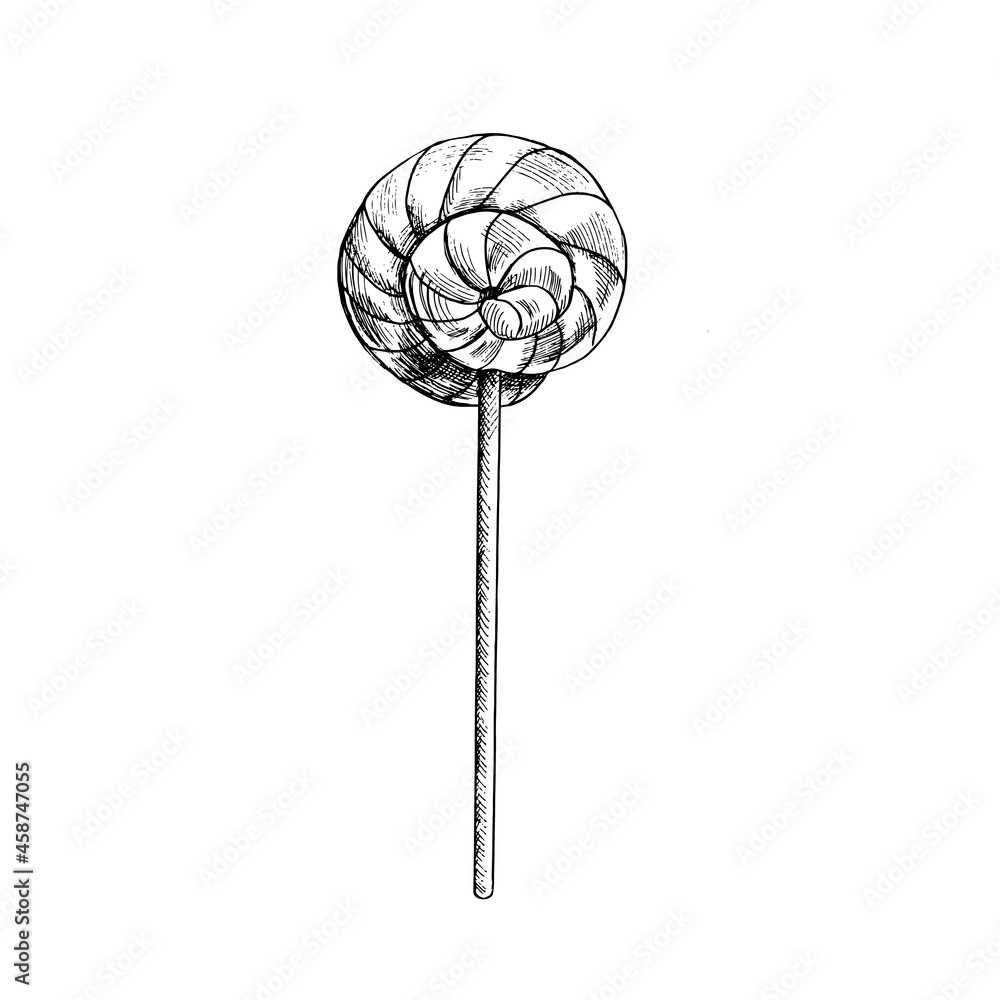 A hand-drawn sketch of a lollipop on a stick. Vector vintage illustration. Drawing with an ink pen. Vintage sketch style on a white background. A hand-drawn sketch of a lollipop on a stick. Vector vintage illustration. Drawing with an ink pen. Vintage sketch style on a white background.