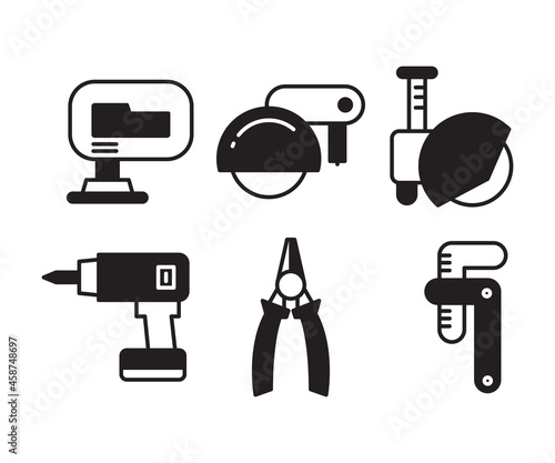 circular saw, drill, spanner and plier icons