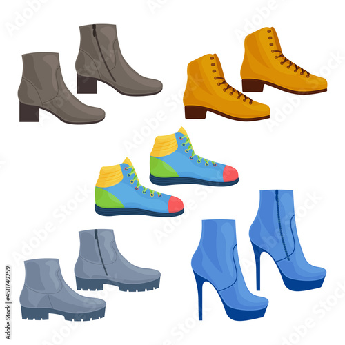 Footwear. A large set consisting of various shoes, such as shoes, sneakers, stiletto shoes. Classic and sports shoes vector illustration