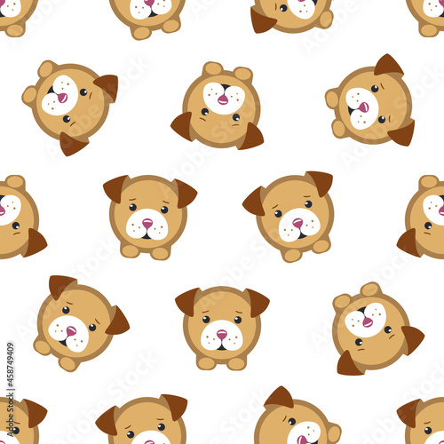Dog circle vector seamless pattern. Flat puppy on white background