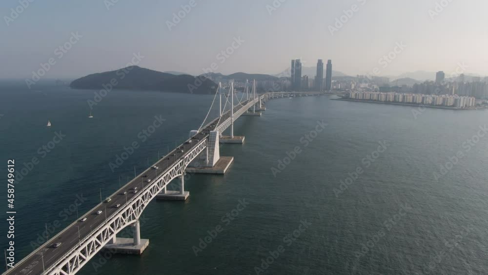 Aerial view of Gwangandaegyo bridge in Busan. May, 2021. 부산 광안대교 Aerial view of Gwangandaegyo bridge in Busan. May, 2021. 부산 광안대교