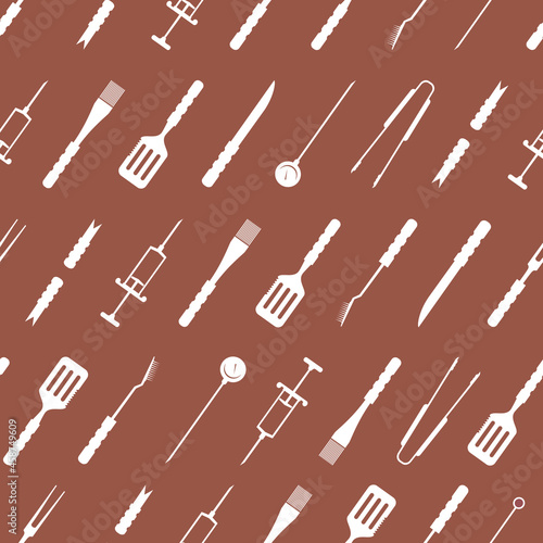 BBQ, grill, barbecue accessories, utensils, tools, equipment. Seamless pattern, background. Flat isolated vector illustration. Thermometer, meat Injector, claws, fork, tongs, spatula, skewer, knife