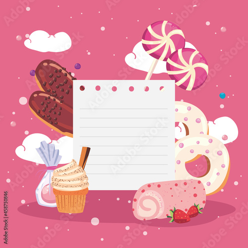 note paper with sweet food icon collection