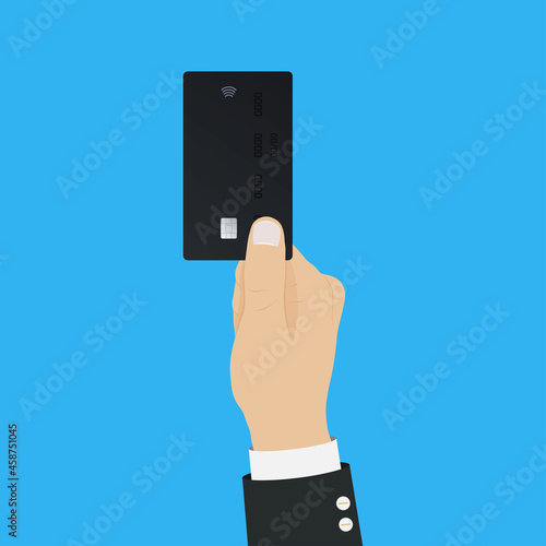 Hand holding black credit card. Finance transaction. Concept of wireless payment, online shopping, financial operation. Debit card with emv chip and contactless payment sign. Vector illustration