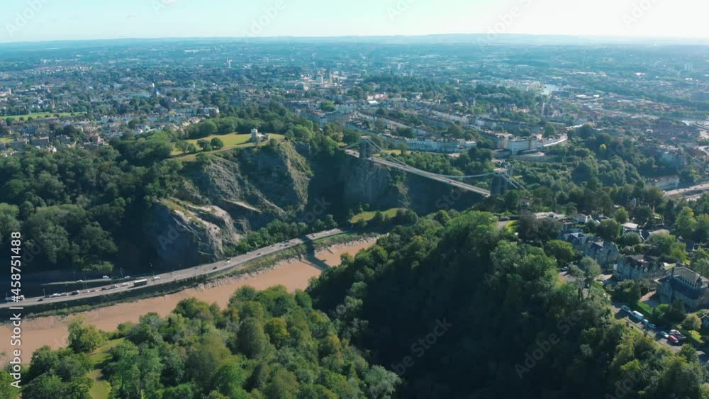Aerial drone shot of Clifton Suspension Bridge, Bristol city and River Avon on sunny summer's day Aerial drone shot of Clifton Suspension Bridge, Bristol city and River Avon on sunny summer's day
