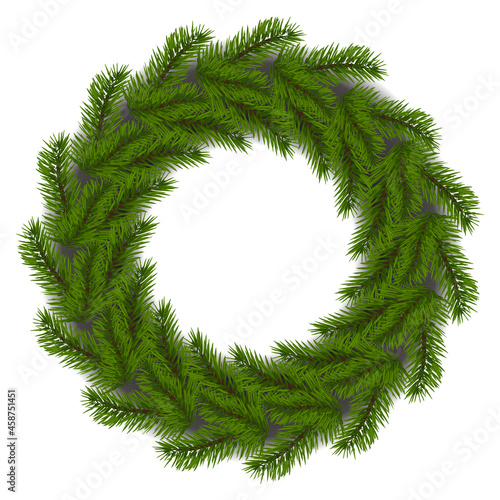 Vector. Christmas tree branch, Christmas tree, round wooden frame made of fir branches, wreath, no decorations. Realistic element of Christmas decor with shadows. Frame with copy space for text.