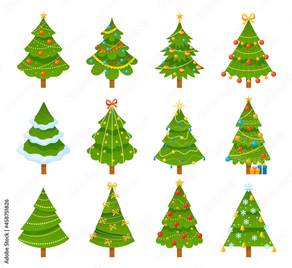 Festive Christmas tree set vector flat illustration. Xmas symbol for celebrating winter holiday
