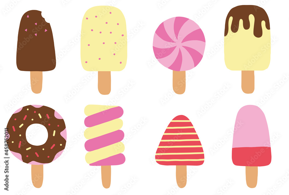 a set of different ice cream on a stick, popsicle. vector drawing, color a set of different ice cream on a stick, popsicle. vector drawing, color