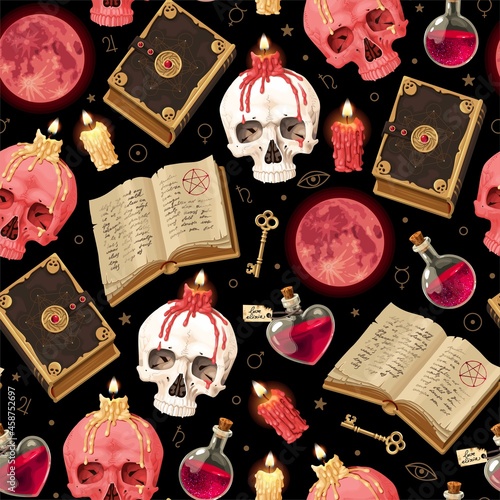 Seamless pattern with potion and magic book