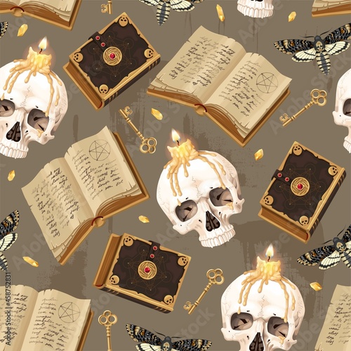 Seamless pattern with skulls and magic book