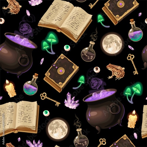 Vector seamless pattern with cauldrons and eyes