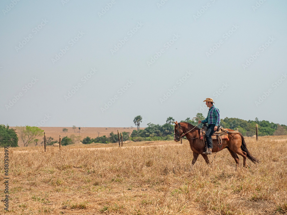 Cowboy is riding his horse on a cattle farm with very dry land Cowboy is riding his horse on a cattle farm with very dry land