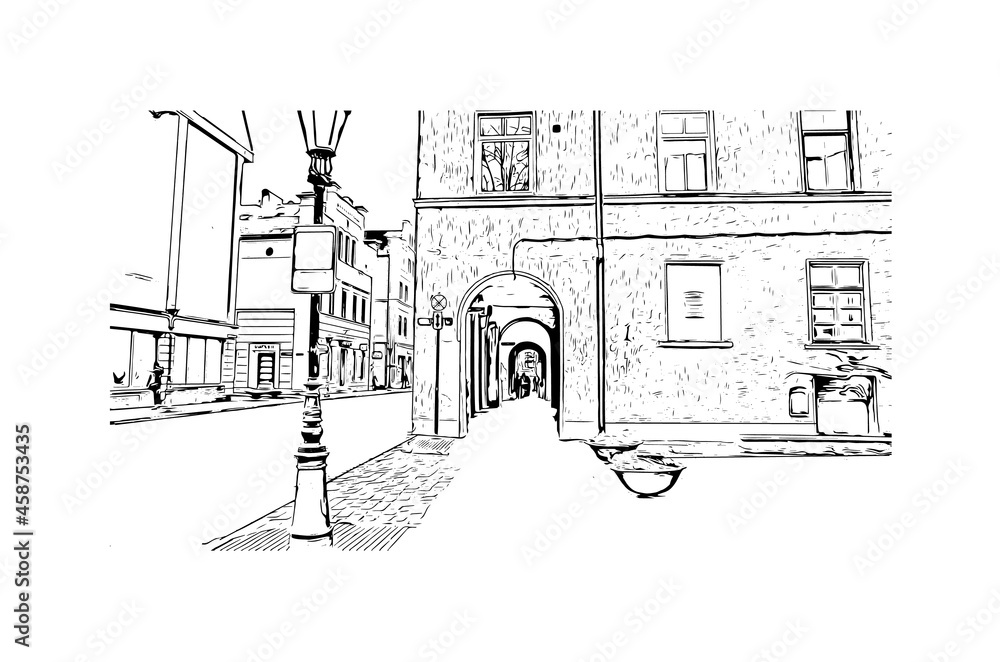 Building view with landmark of Klaipeda is a port city in Lithuania. Hand drawn sketch illustration in vector.