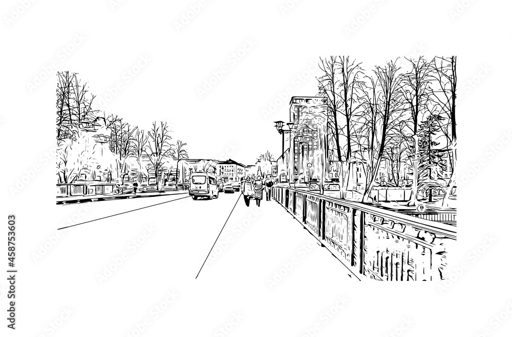 Fototapeta premium Building view with landmark of Klaipeda is a port city in Lithuania. Hand drawn sketch illustration in vector.