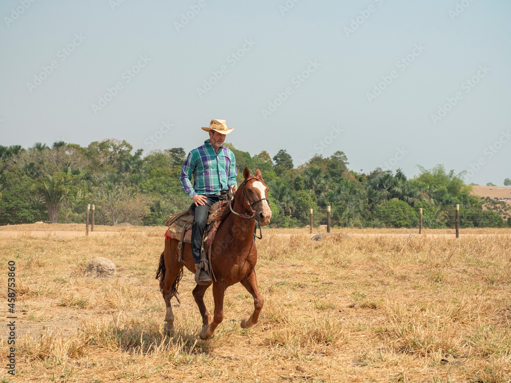 Cowboy is riding his horse on a cattle farm with very dry land Cowboy is riding his horse on a cattle farm with very dry land
