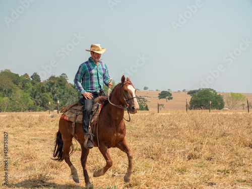 Cowboy is riding his horse on a cattle farm with very dry land © jespersoehof