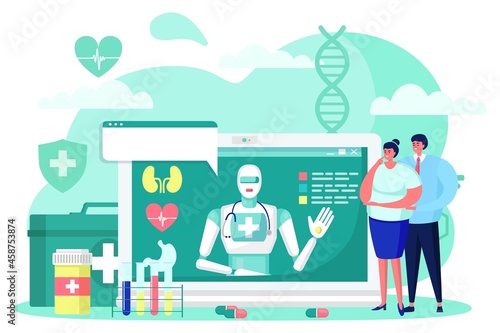 Future medicine cyborg online medical technology, vector illustration, futuristic robot help people patient character in hospital, artifical mind.