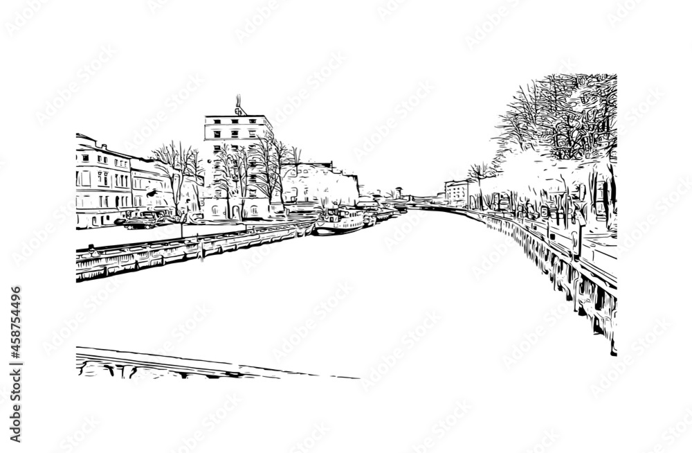 Building view with landmark of Klaipeda is a port city in Lithuania. Hand drawn sketch illustration in vector.