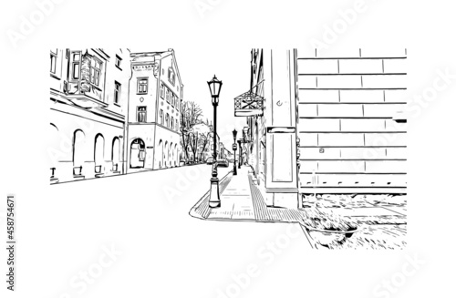 Building view with landmark of Klaipeda is a port city in Lithuania. Hand drawn sketch illustration in vector.