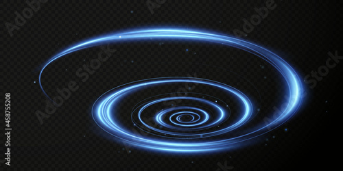 Festive glowing curl in neon color. Luminous blue podium. Sales funnel. A magical light line twisting into a spiral. Spiral light PNG.