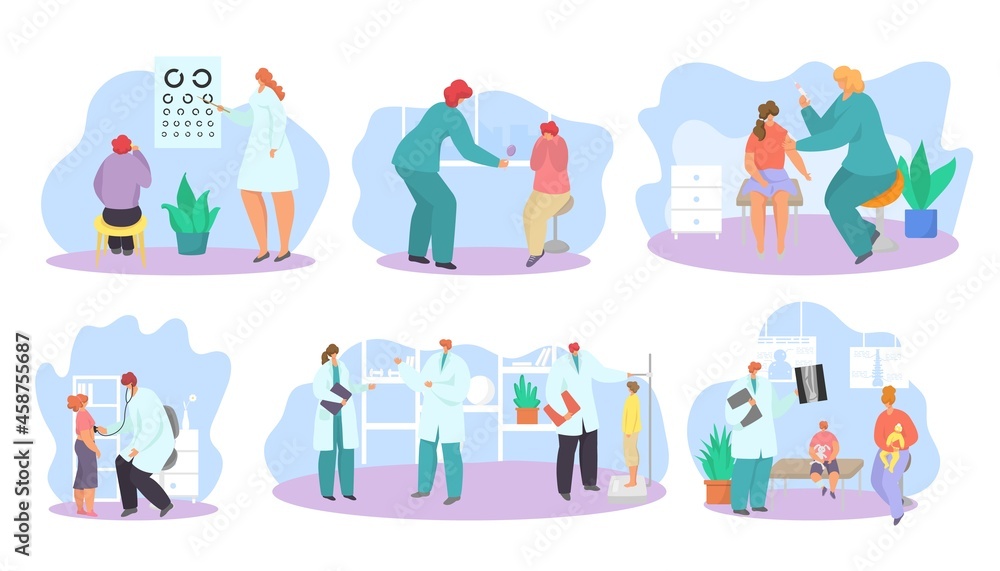 Fototapeta premium Pediatrician doctor appointment, isolated on white set, vector illustration edical examination for boy girl character, healthcare design.