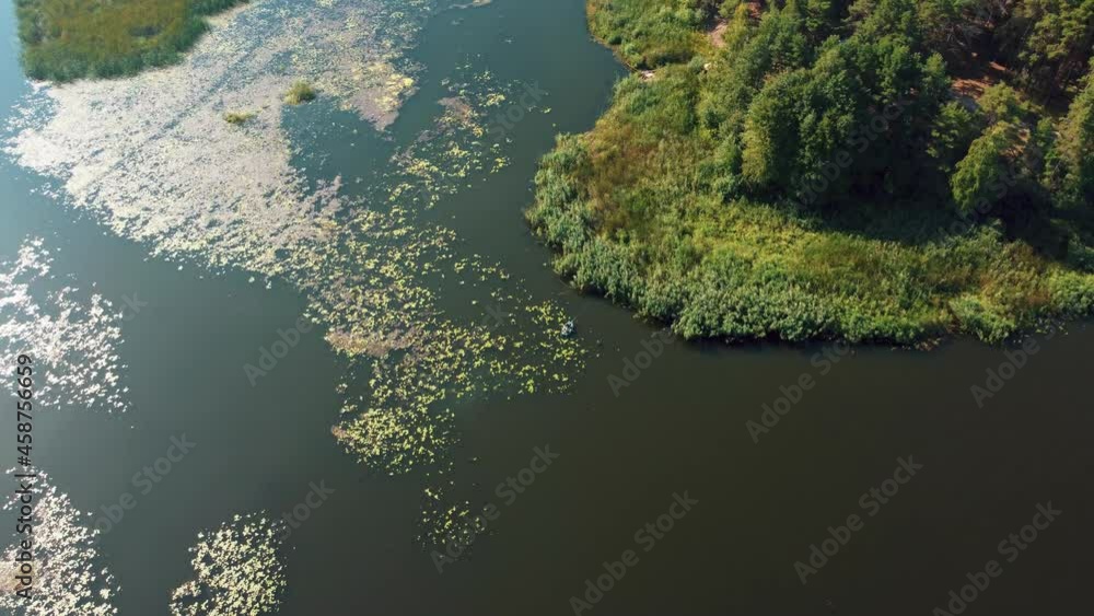 Aerial View of Place for hunting and fishing on the river. Dnipro river. Aerial View of Place for hunting and fishing on the river. Dnipro river.
