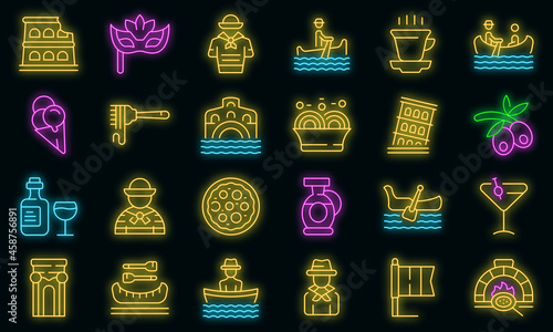 Gondolier icons set outline vector. Venice bridge gondola. Canal boat man