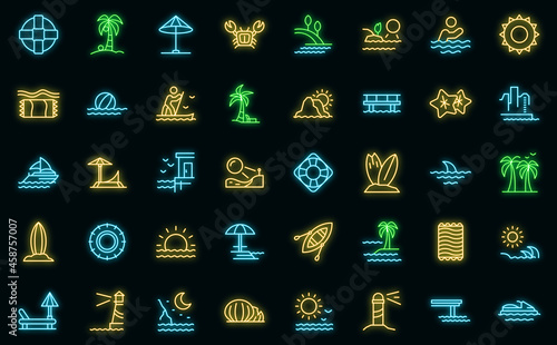 Seaside icons set. Outline set of seaside vector icons neon color on black