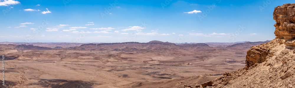 Panoramic view of Makhtesh Ramon, Ramon Crater near Mitzpe Ramon in the Negev Desert in southern Israel.
