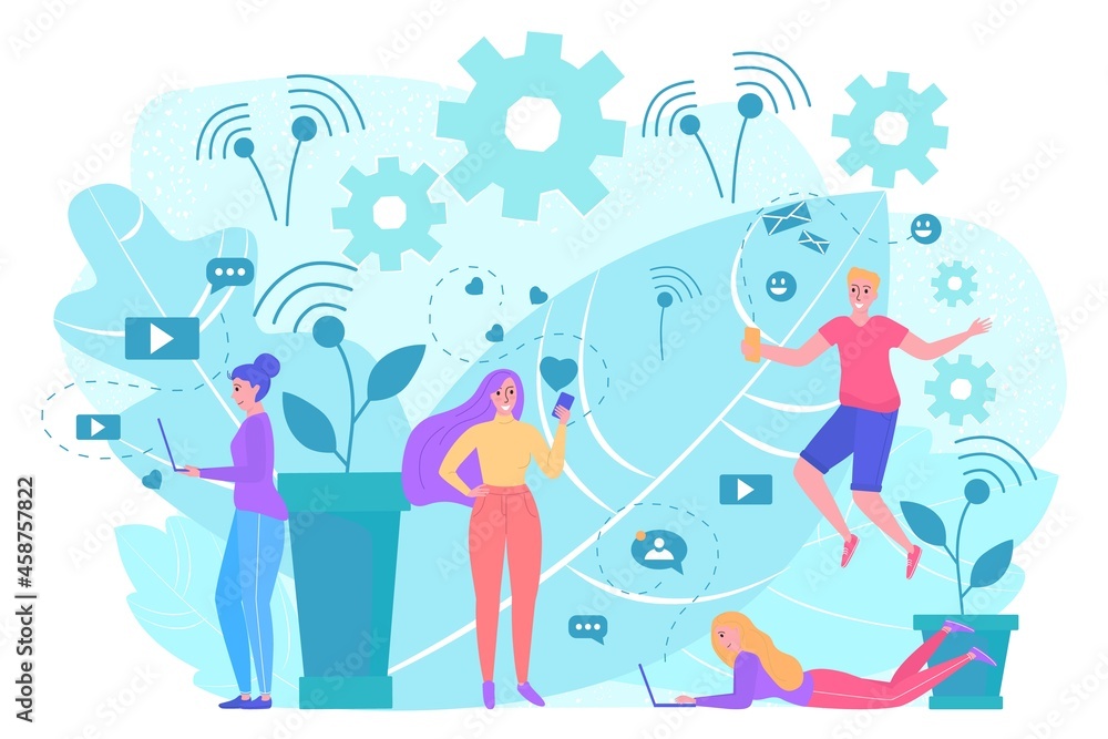Obraz premium Smartphone message concept, vector illustration, flat happy man woman character use phone for online talk in mobile social media.