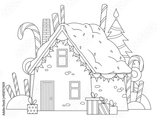 Holidays coloring page with cute small house and winter decorations. Line art house and sweets, presents. Christmas and New Year composition