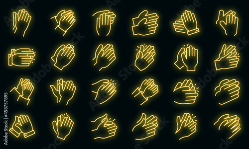 Handclap icons set. Outline set of handclap vector icons neon color on black