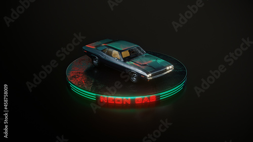 Neon gas retro car. Dodge challenger. Fog rain and night. Color reflections on wet asphalt. 3D illustration.