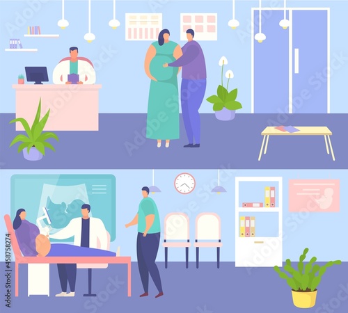 Pregnant woman at hospital appointment, vector illustration, doctor man character control female health with medical equipment, care patient pregnancy