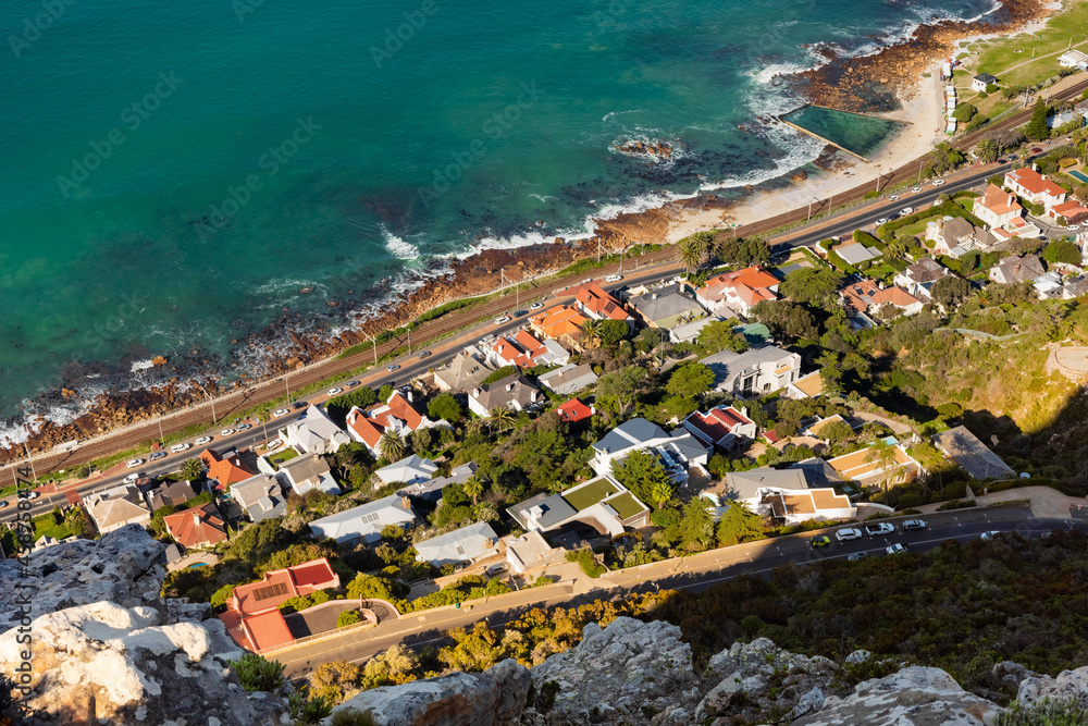 Elevated view of St James coastal town in False Bay, Cape Town