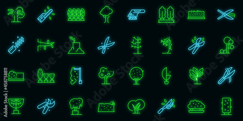 Tree trimming icons set outline vector. Tree woodcutter. Work neon color on black