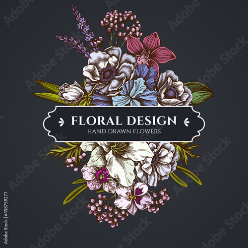 Floral bouquet dark design with anemone, lavender, rosemary everlasting, phalaenopsis, lily, iris