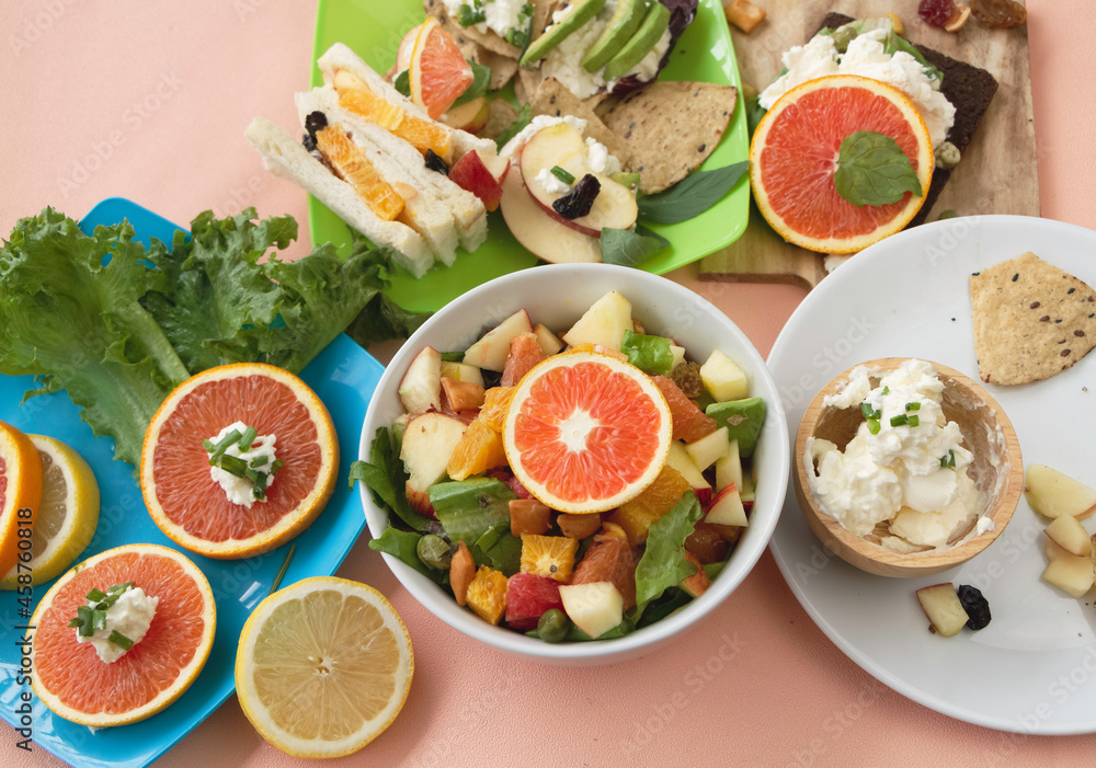 Sliced fruit salad mixed in bowl,