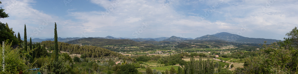 Panorama of Crestet picturesque and charming little medieval village in Vaucluse, France, Europe