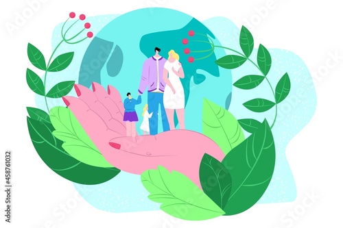 Environment ecology save for family, vector illustration, tiny flat people ma...