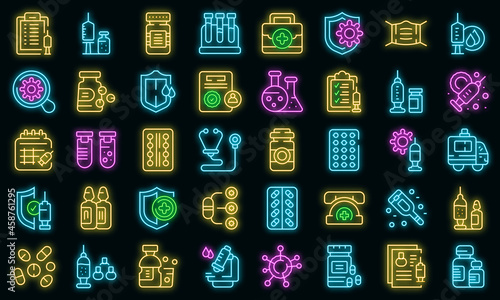 Antiviral medicines icons set outline vector. Covid syringe. Drug injection