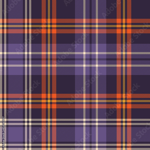 Plaid pattern for autumn winter in purple, orange, yellow. Seamless large asymmetric tartan check plaid for flannel shirt, blanket, duvet cover, other modern fashion fabric print.